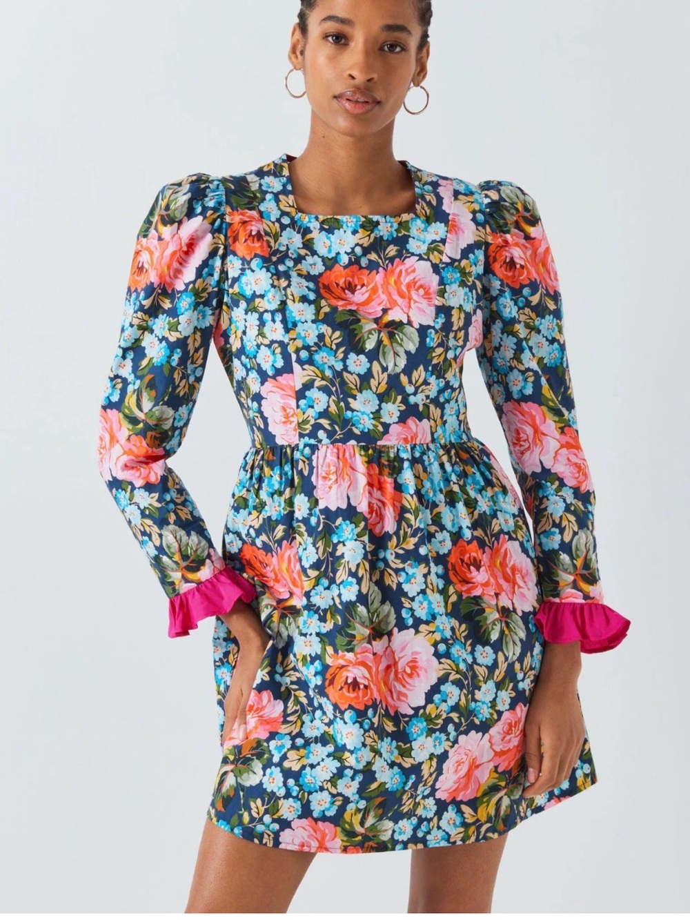 Batsheva Floral Puff-Sleeve Midi Dress in Navy, Pink and Blue